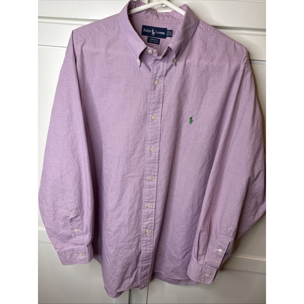 Ralph Lauren Shirt Mens XL 17 1/2 NeckPink White Plaid Dress Classic Fit Preppy
